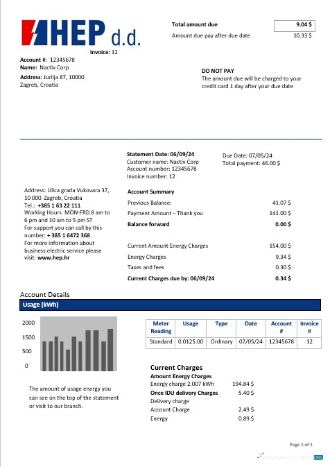 Croatia Hrvatska Elektroprivreda electricity business utility bill inword and pdf formats(2)